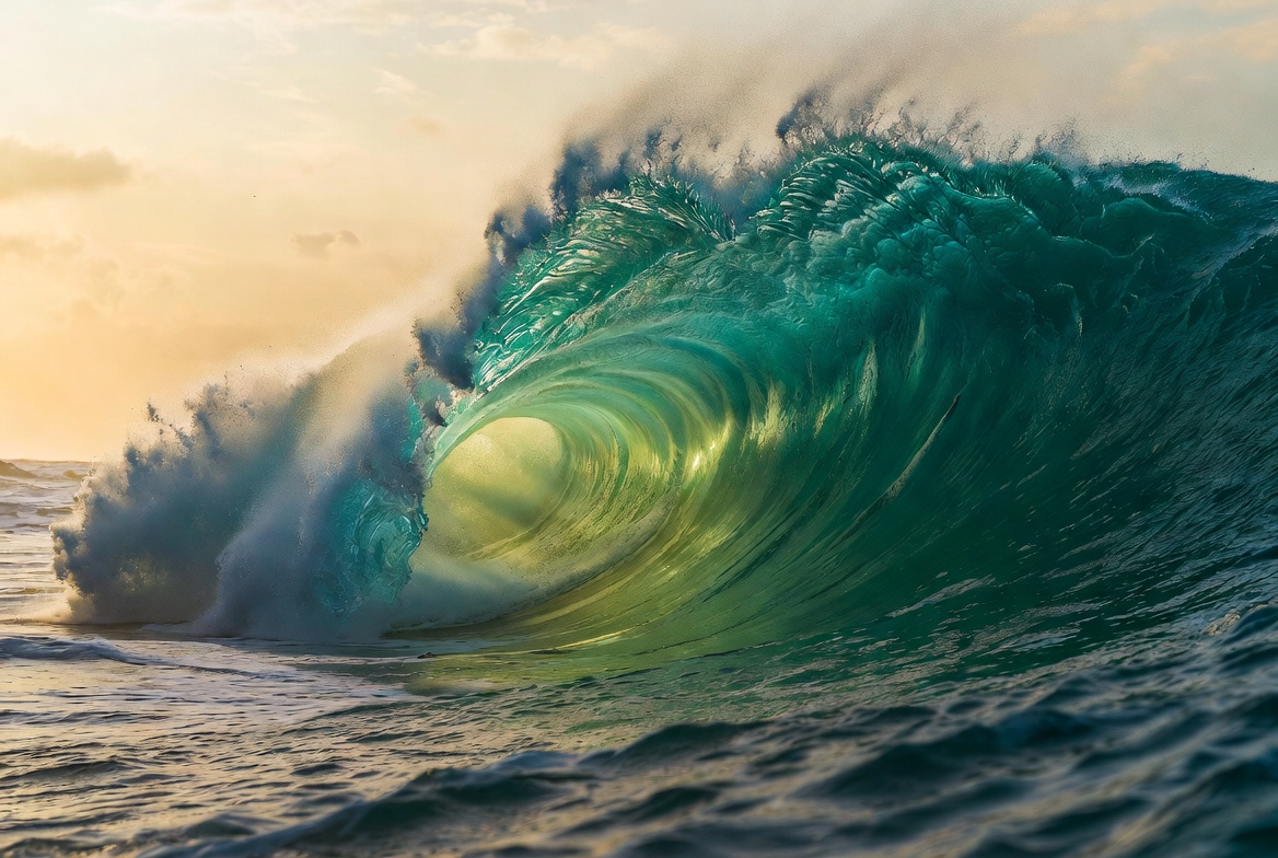Powerful emerald ocean barrel wave at sunset