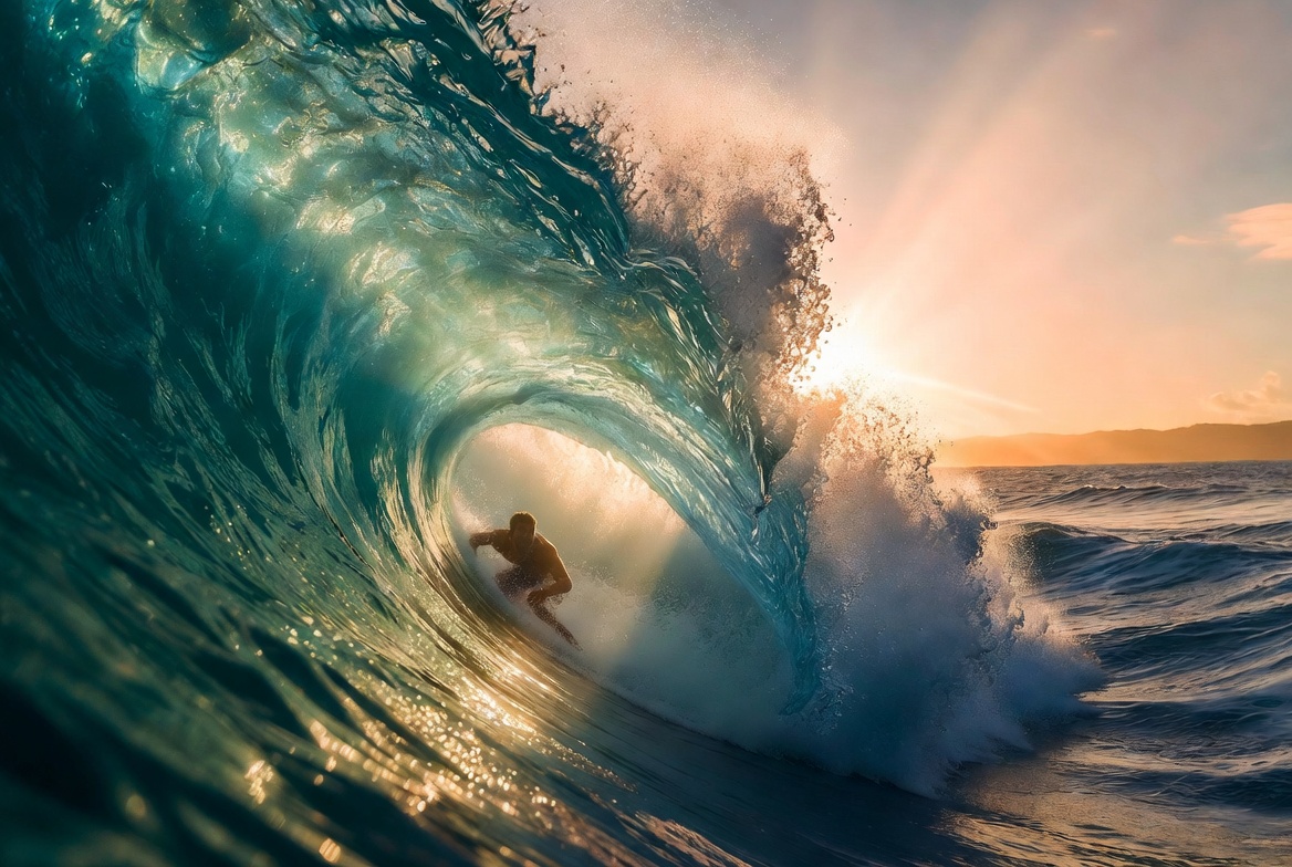 Surfer riding inside a glowing tube wave